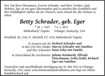 Traueranzeige von Betty Schrader von Pegnitz-Zeitung